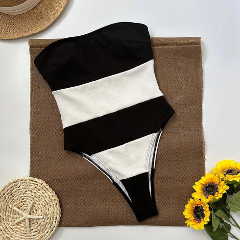 Stripe Strapless One Piece Swimsuit